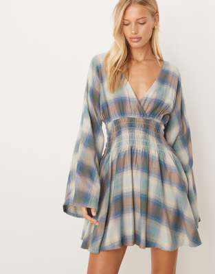 ASOS DESIGN v neck mini dress with shirred waist in check in tan and blue  check