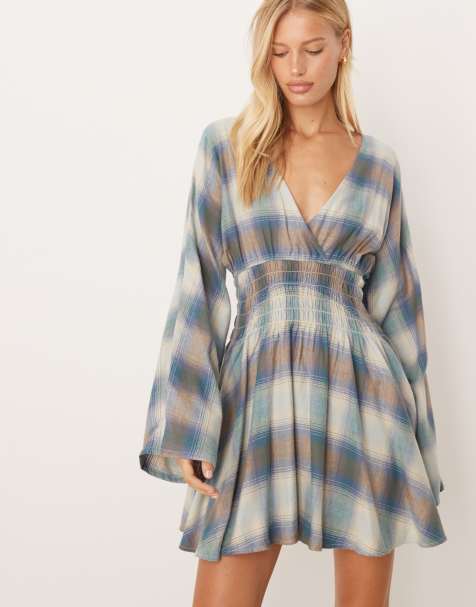 ASOS DESIGN v neck mini dress with shirred waist in tan and blue check - view 1