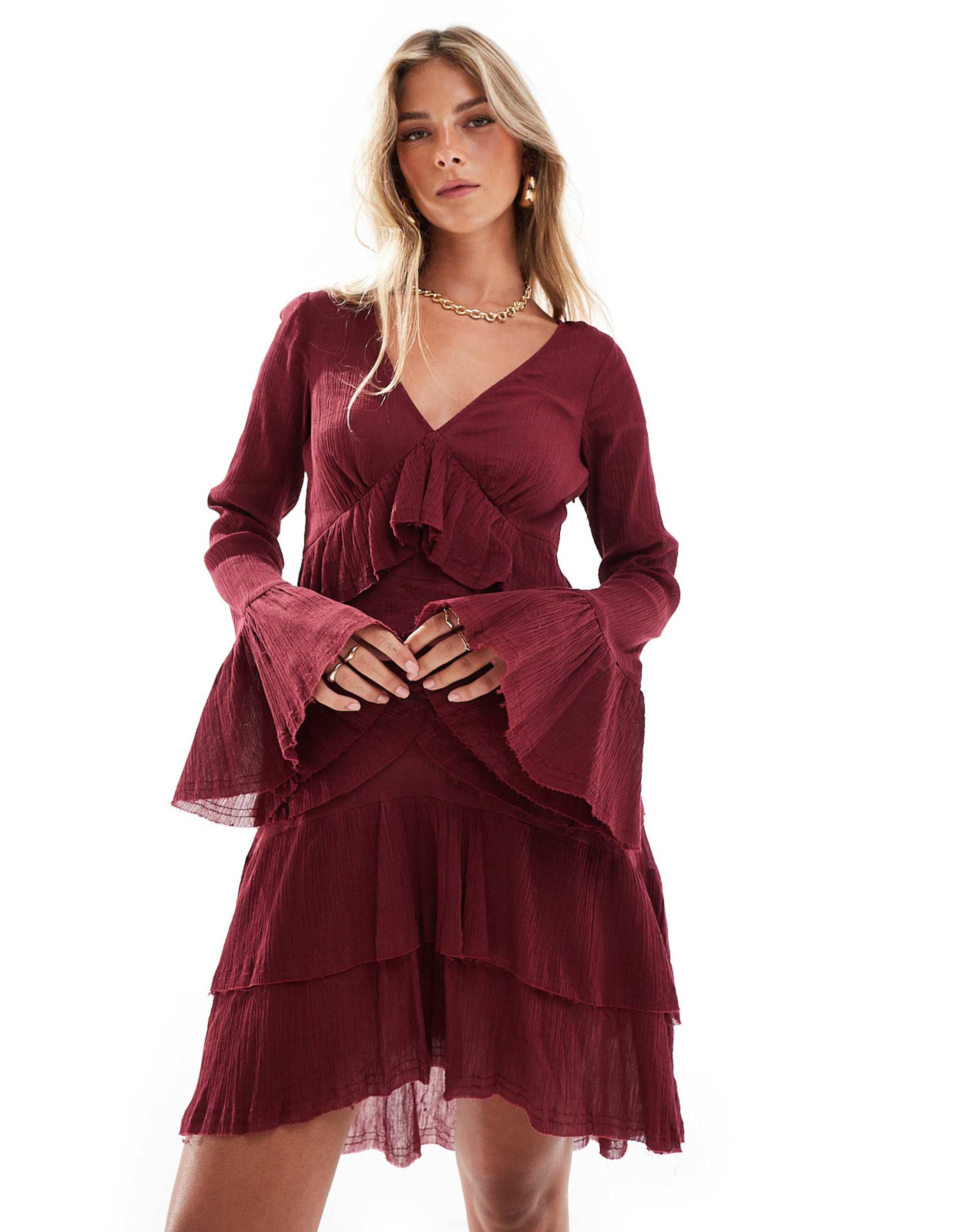 asos design v-neck mini dress with tiered skirt and lace detail in burgundy