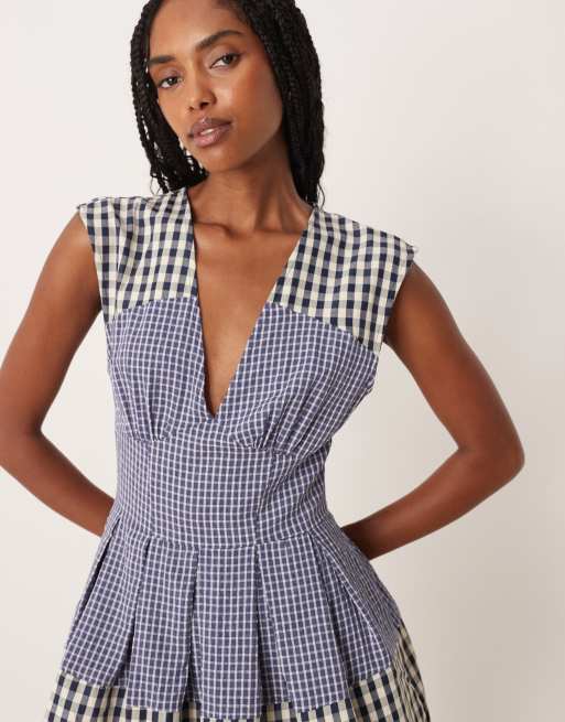ASOS DESIGN V neck mini fit and flare dress in contrast navy gingham
