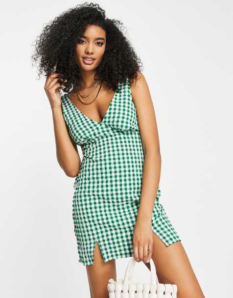 ASOS DESIGN v neck mini slip sundress in green textured gingham 