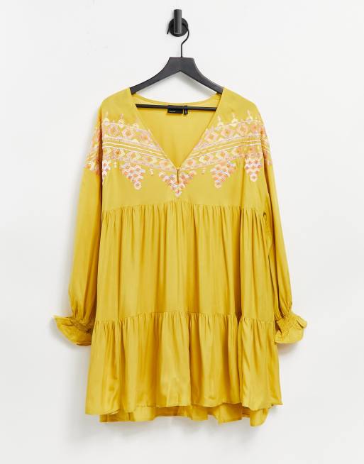 ASOS DESIGN v neck mini smock dress with aztec embroidery in mustard