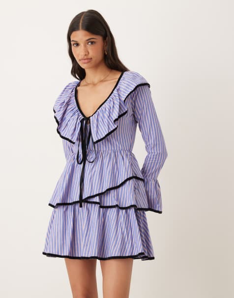 ASOS DESIGN v neck mini smock dress with tie bust and contrast velvet trim in blue stripe - view 1