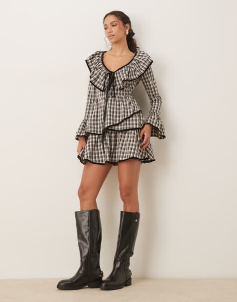 ASOS DESIGN v neck mini smock dress with tie bust and contrast velvet trim in check - view 1
