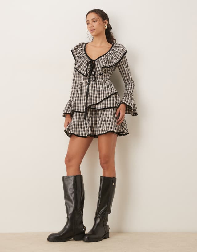 ASOS DESIGN V-neck mini smock dress with tie bust and contrast velvet trim in check