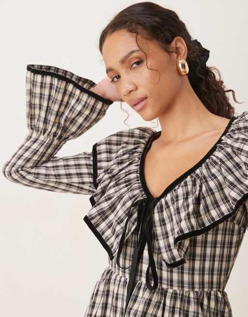 ASOS DESIGN V-neck mini smock dress with tie bust and contrast velvet trim in check