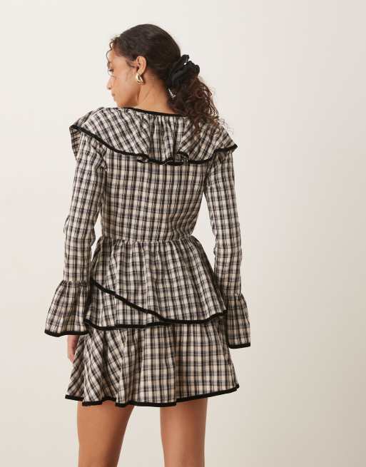 ASOS DESIGN V-neck mini smock dress with tie bust and contrast velvet trim in check