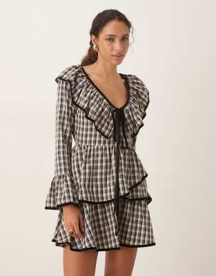 ♡ ❣️ check mini dress beige M ASOS DESIGN V-neck mini smock dress with tie bust and