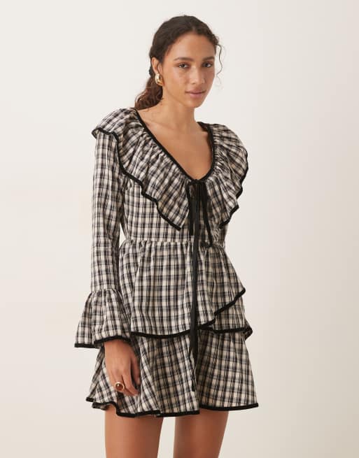 ASOS DESIGN V-neck mini smock dress with tie bust and contrast velvet trim in check