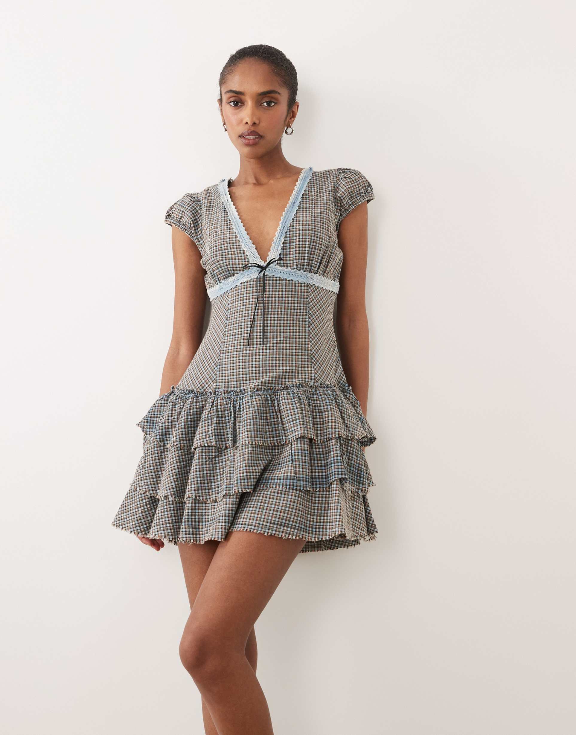asos design v neck mini tea dress with puff sleeve in blue and tan plaid