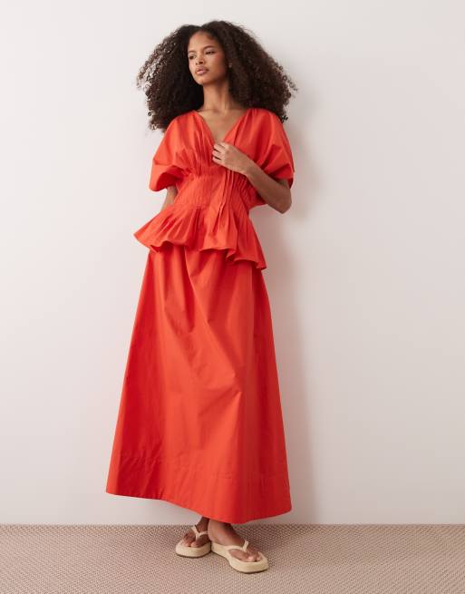 red peplum dress asos ASOS DESIGN high neck puff peplum midi dress in red in scuba-style fabric