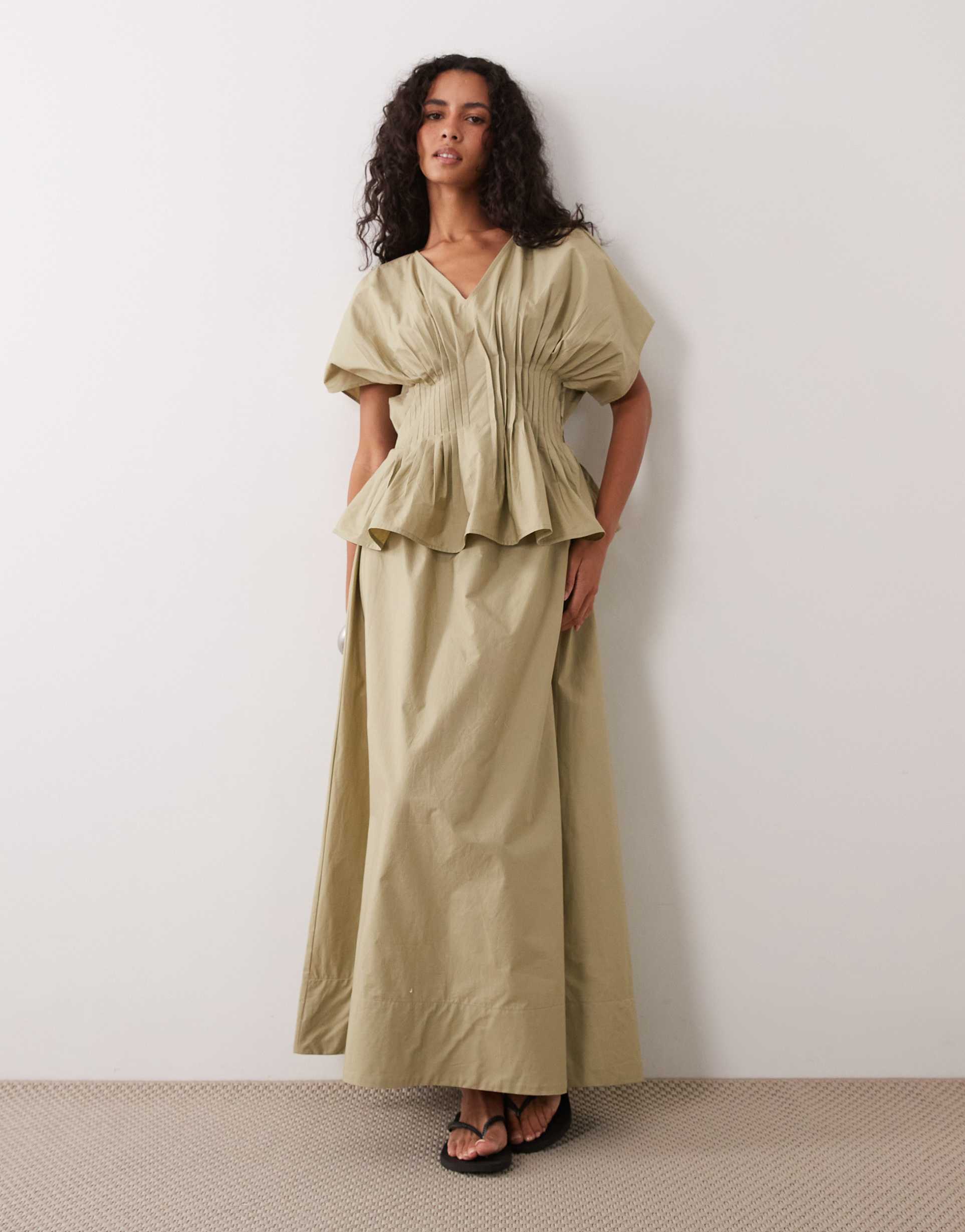 asos design v neck nipped waist peplum maxi dress in stone