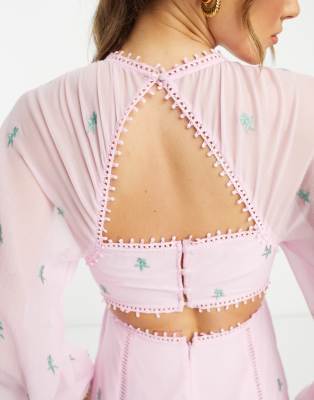 ASOS DESIGN v neck open back embroidered maxi dress with trim detail in  pink | ASOS