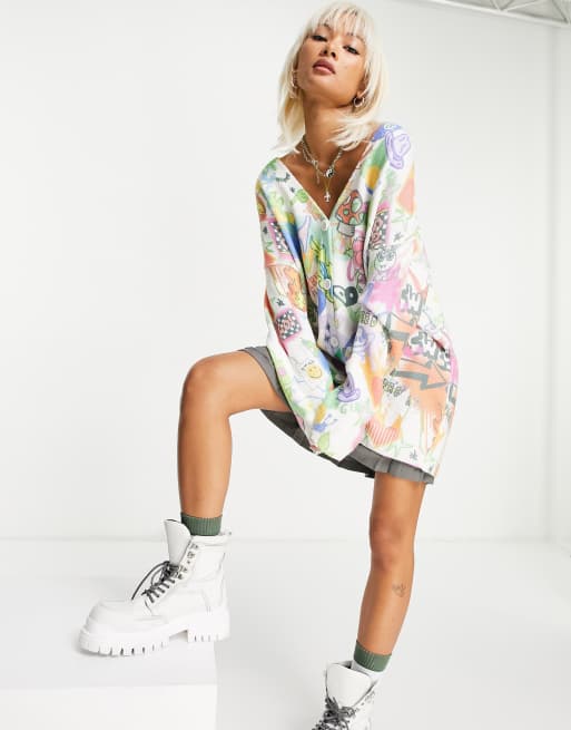 ASOS DESIGN v neck oversized cardi in graffiti pattern