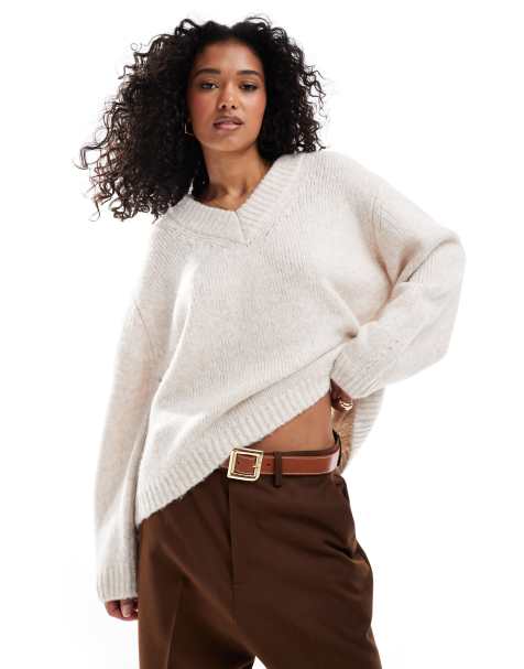 ASOS DESIGN v neck oversized jumper in neutral - view 1