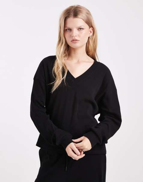 ASOS DESIGN v neck oversized ribbed sweat co ord in black