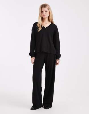 Asos Design V Neck Oversized Ribbed Sweat Co Ord In Black