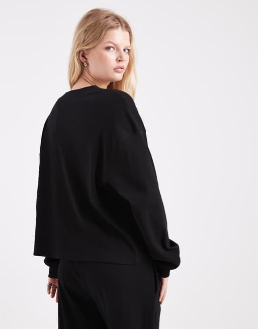 ASOS DESIGN v neck oversized ribbed sweat co ord in black, 3 of 4