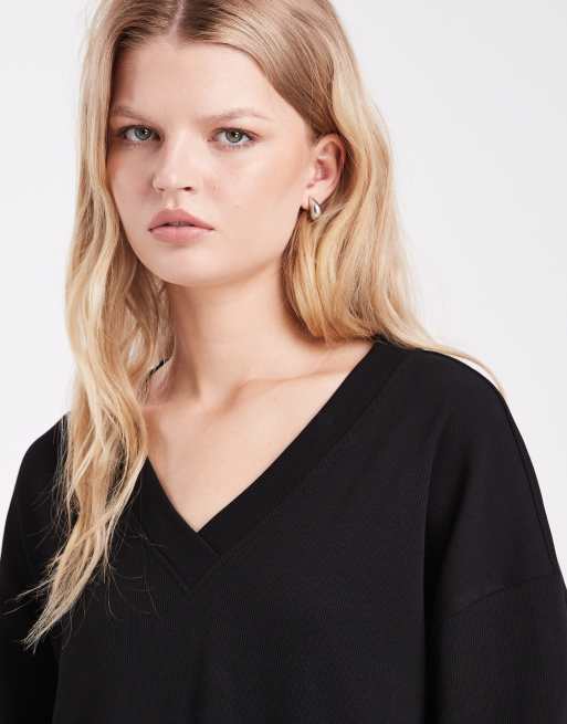 ASOS DESIGN v neck oversized ribbed sweat co ord in black, 4 of 4