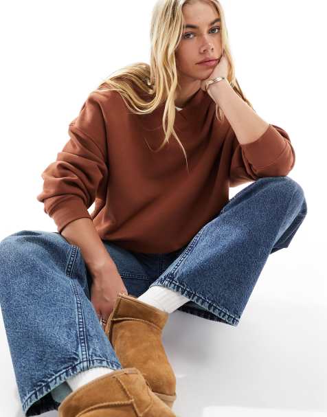 ASOS DESIGN v neck oversized sweatshirt in brown - view 1