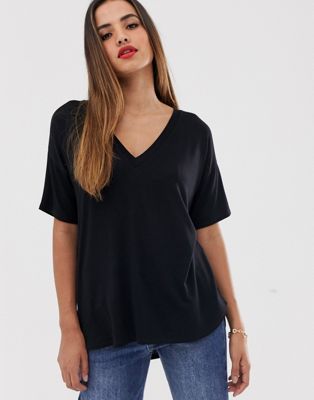 ASOS DESIGN v neck oversized t-shirt in textured jersey in black | ASOS