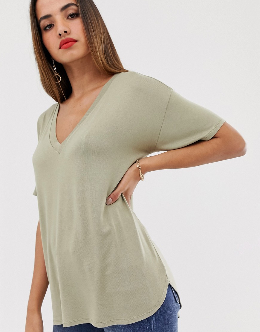 ASOS DESIGN v neck oversized t-shirt in textured jersey in khaki-Green