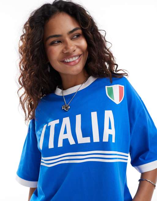 ASOS DESIGN v neck oversized t shirt with italia soccer graphic in blue