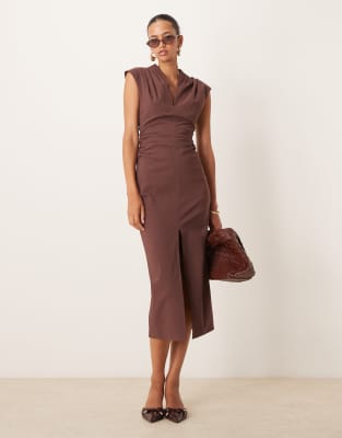 ASOS DESIGN ASOS DESIGN v neck pleated shoulder ruched waist bengaline midi dress in chocolate-Brown