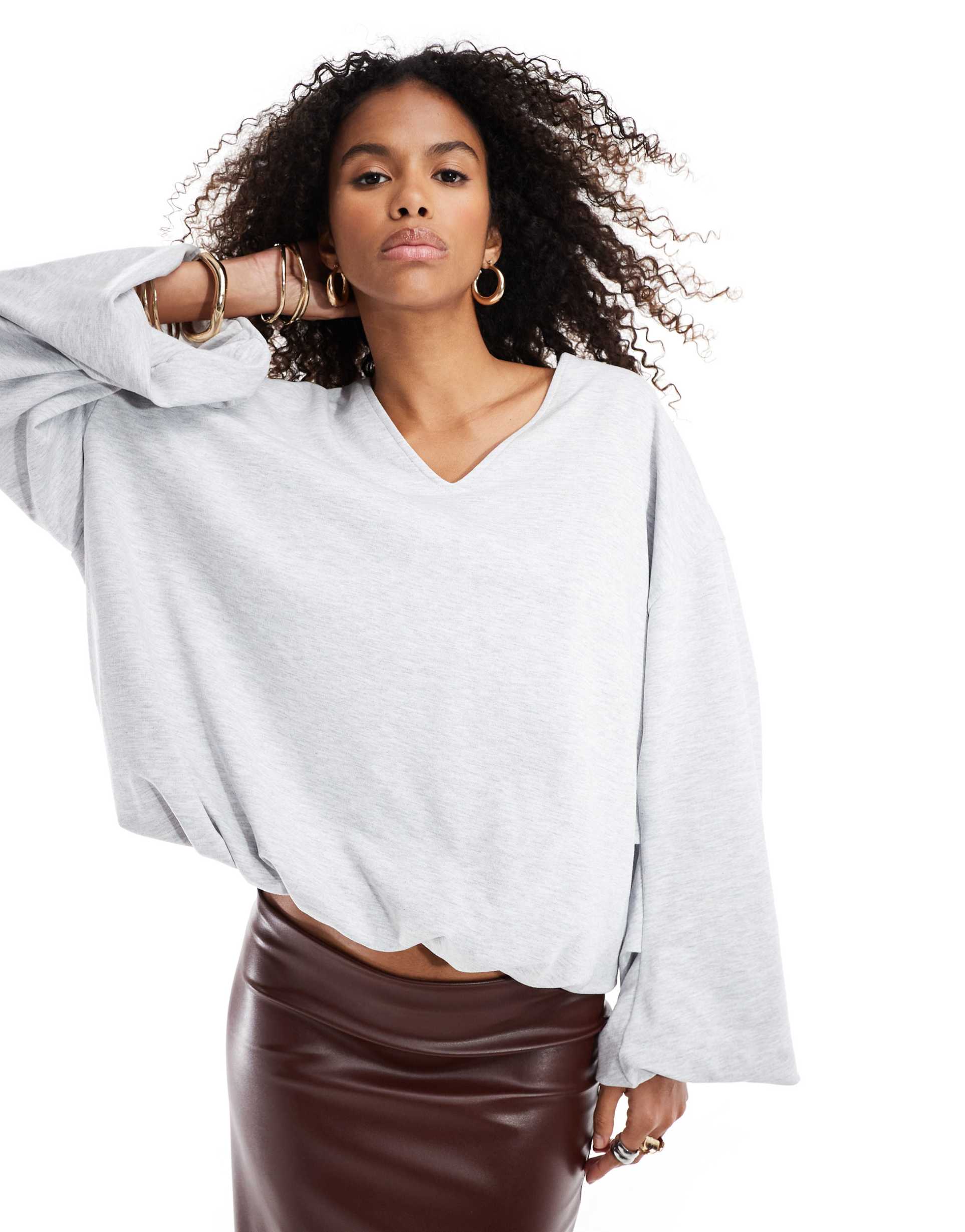 asos design v neck plunge bubble hem sweatshirt in ice heather