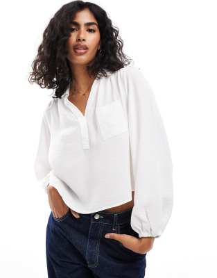 Asos Design V Neck Pocket Detail Soft Blouse In Ivory-white