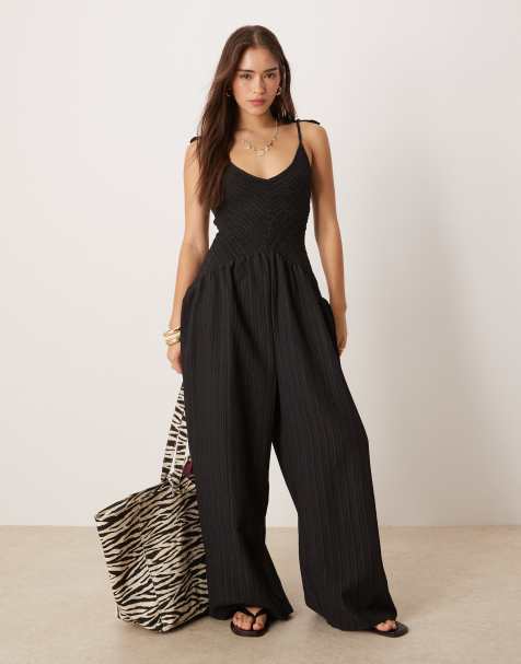 ASOS DESIGN V neck poly crinkle dropped waist jumpsuit in black - view 1