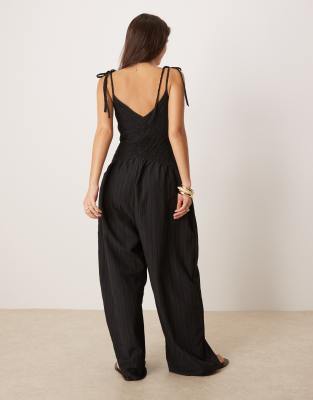 Asos Design V Neck Poly Crinkle Dropped Waist Jumpsuit