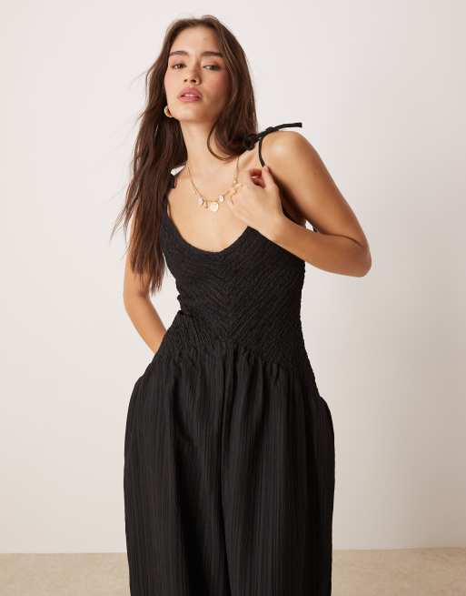 ASOS DESIGN V neck poly crinkle dropped waist jumpsuit in black
