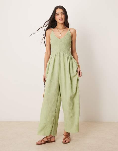 ASOS DESIGN V neck poly crinkle dropped waist jumpsuit in khaki - view 1