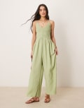 [ASOS DESIGN] ASOS DESIGN V neck poly crinkle dropped waist jumpsuit in khaki-Green 16 KHAKI