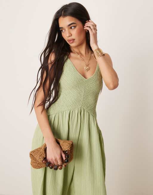 ASOS DESIGN V neck poly crinkle dropped waist jumpsuit in khaki
