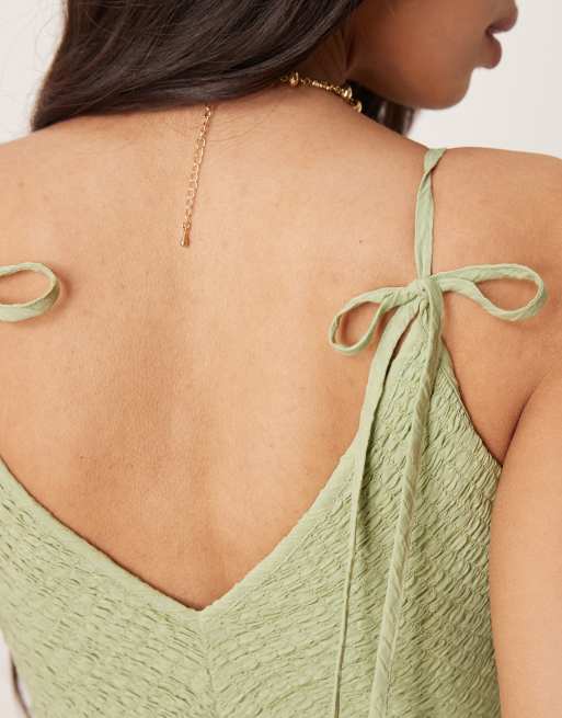 ASOS DESIGN V neck poly crinkle dropped waist jumpsuit in khaki