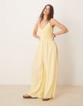 [ASOS DESIGN] ASOS DESIGN V neck poly crinkle dropped waist jumpsuit in lemon yellow-Orange 10 Lemon Yellow