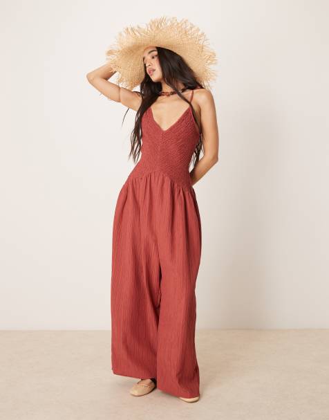 ASOS DESIGN V neck poly crinkle dropped waist jumpsuit in rust - view 1