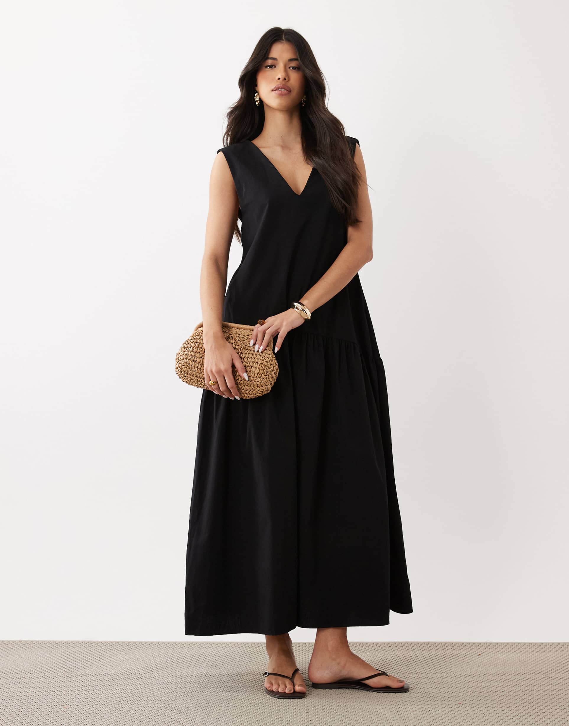 asos design v-neck poplin maxi dress in black
