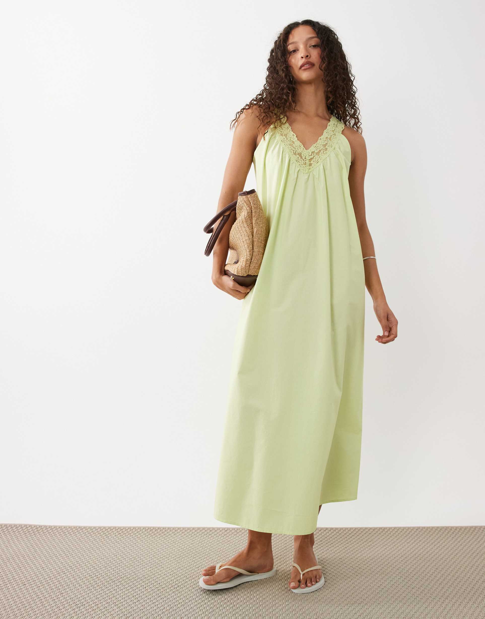 asos design v-neck poplin midaxi smock sundress with lace overlay in washed lime