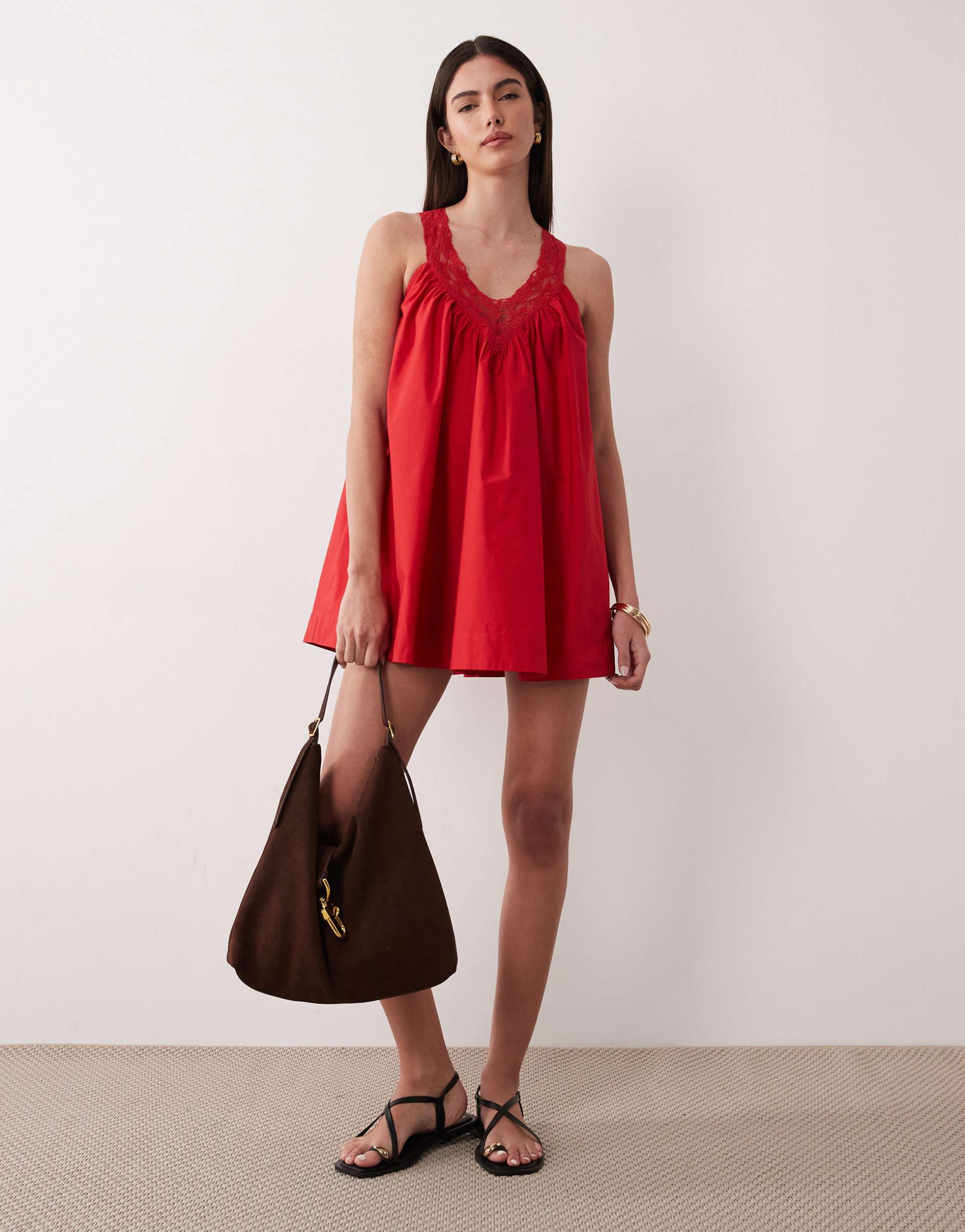 asos design v-neck poplin mini smock sundress with lace overlay in tomato red