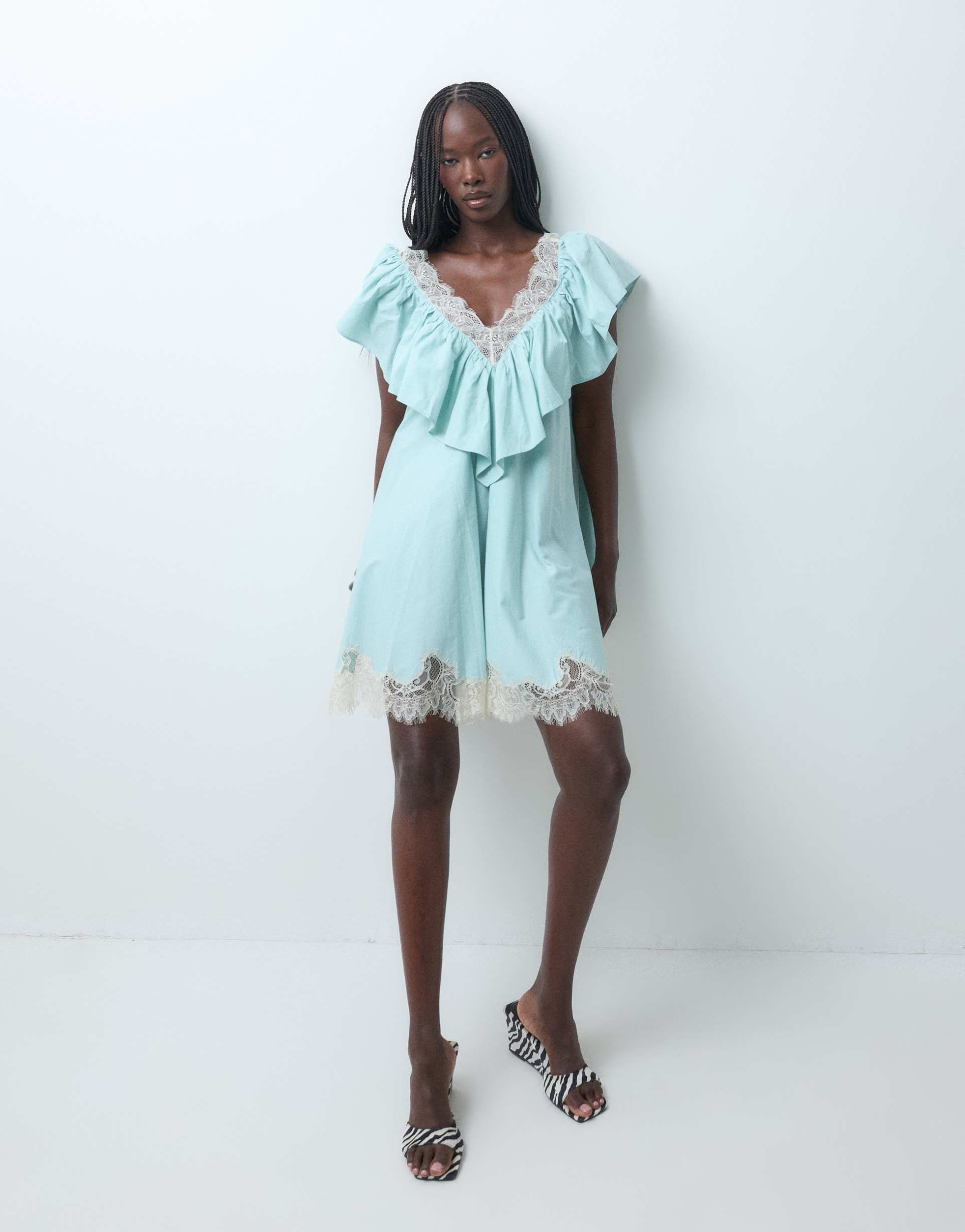 asos design v neck poplin ruffle mini dress with lace trim in dusky blue