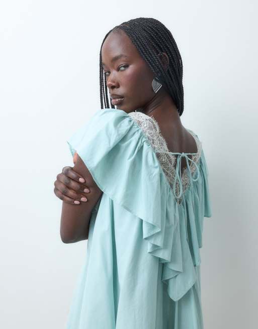 ASOS DESIGN v neck poplin ruffle mini dress with lace trim in dusky blue, 3 of 4