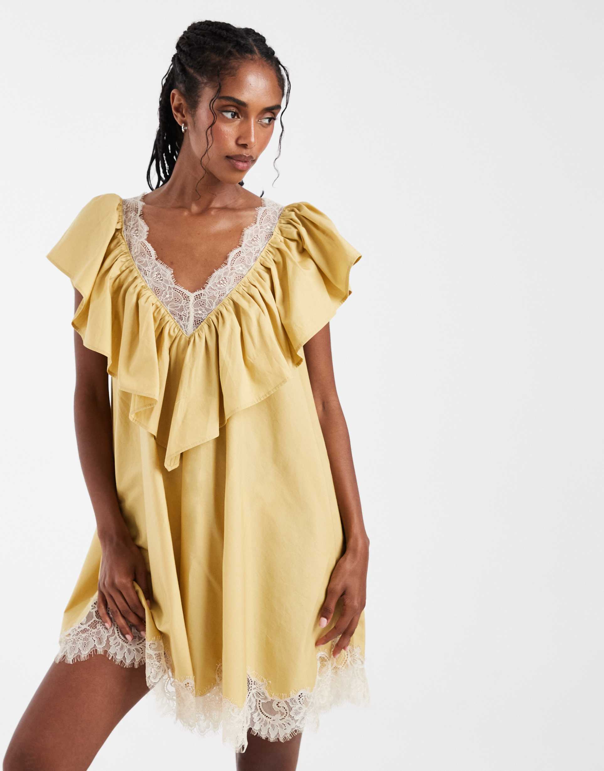 asos design v neck poplin ruffle mini dress with lace trim in dusky yellow