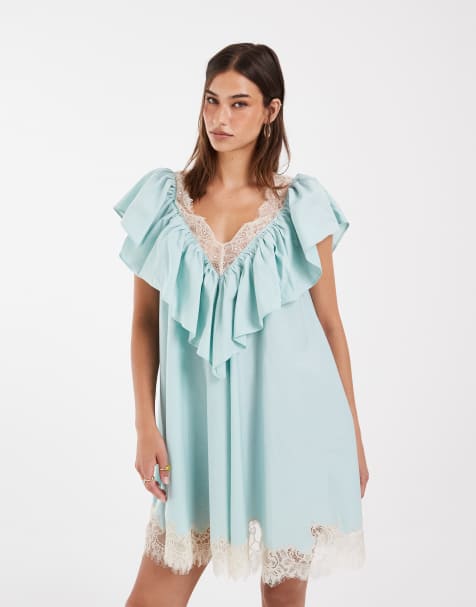 ASOS DESIGN v neck poplin ruffle mini dress with lace trims in dusky blue - view 1