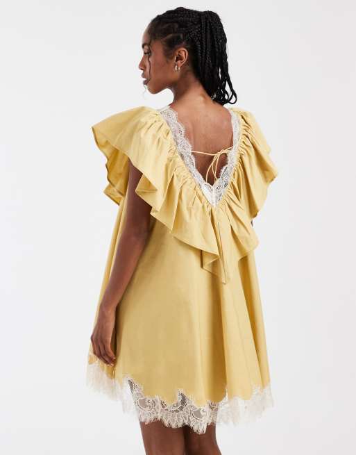 ASOS DESIGN v-neck poplin ruffle mini dress with lace trims in dusky yellow, 2 of 4