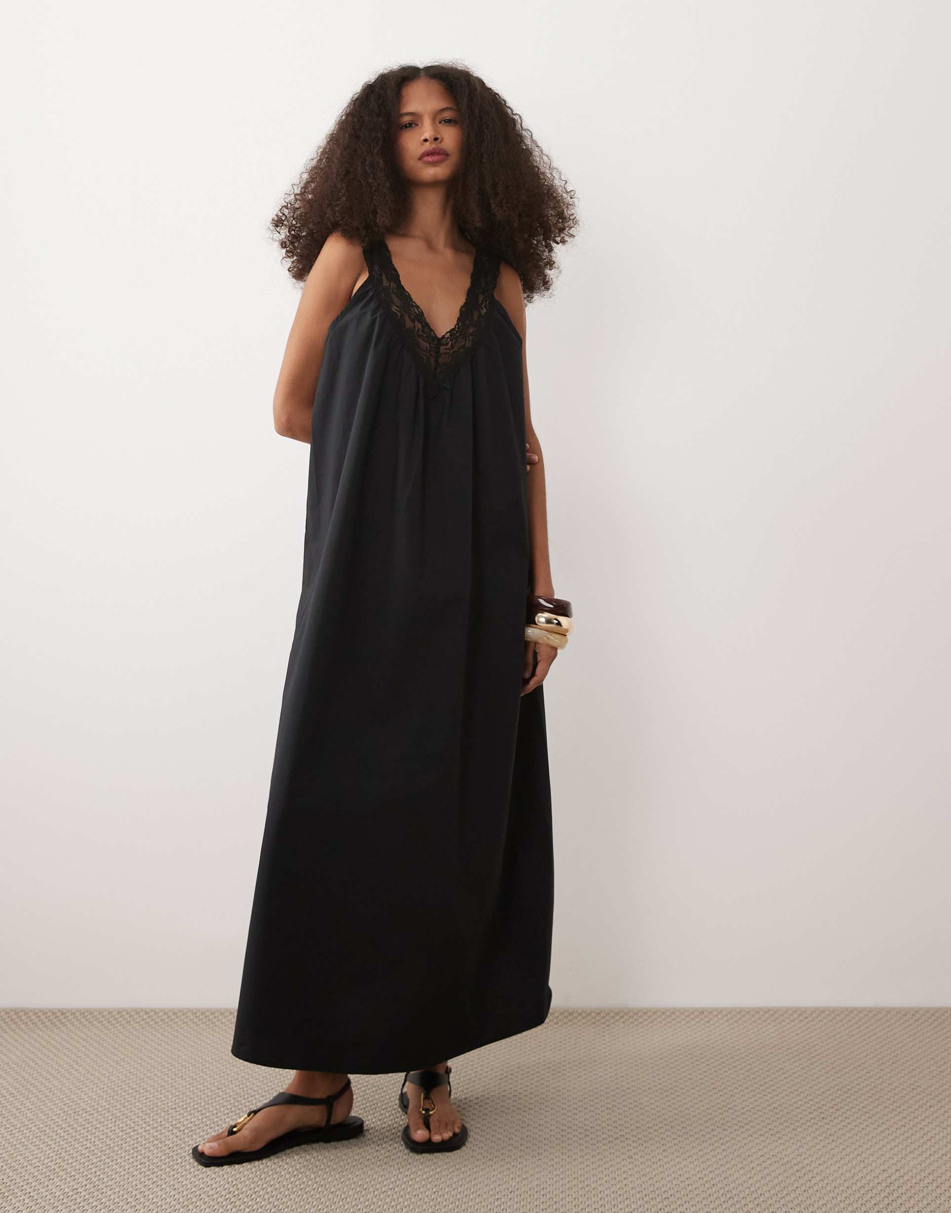 asos design v-neck poplin smock maxi sundress with lace overlay in black