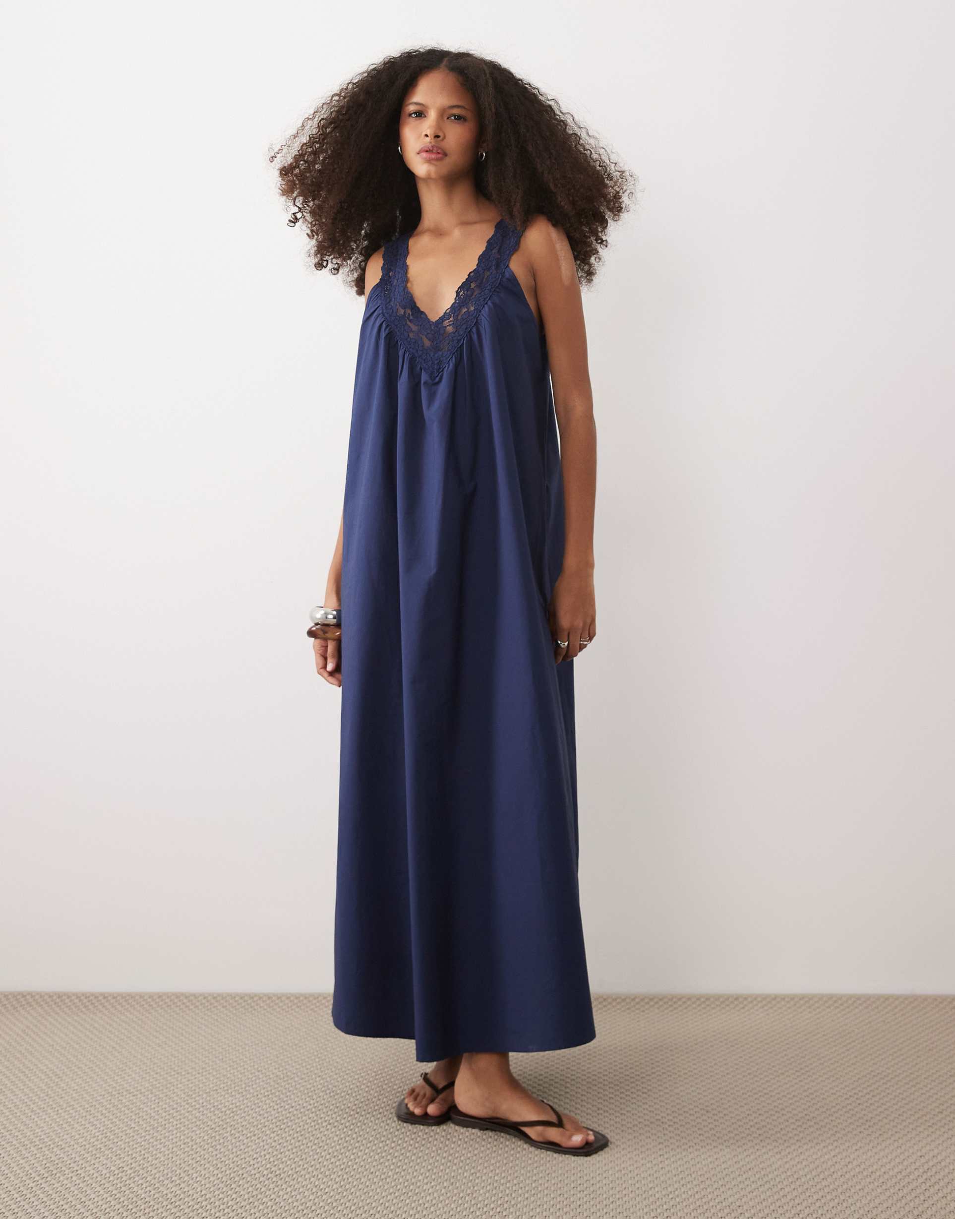 asos design v-neck poplin smock maxi sundress with lace overlay in navy