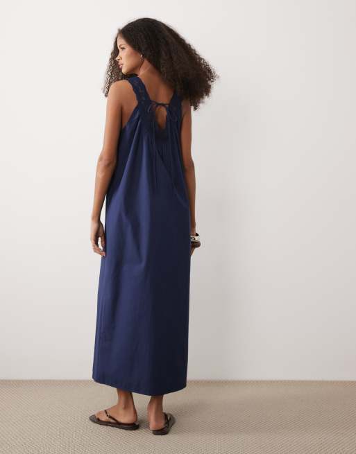 ASOS DESIGN v-neck poplin smock maxi sundress with lace overlay in navy , 2 of 4